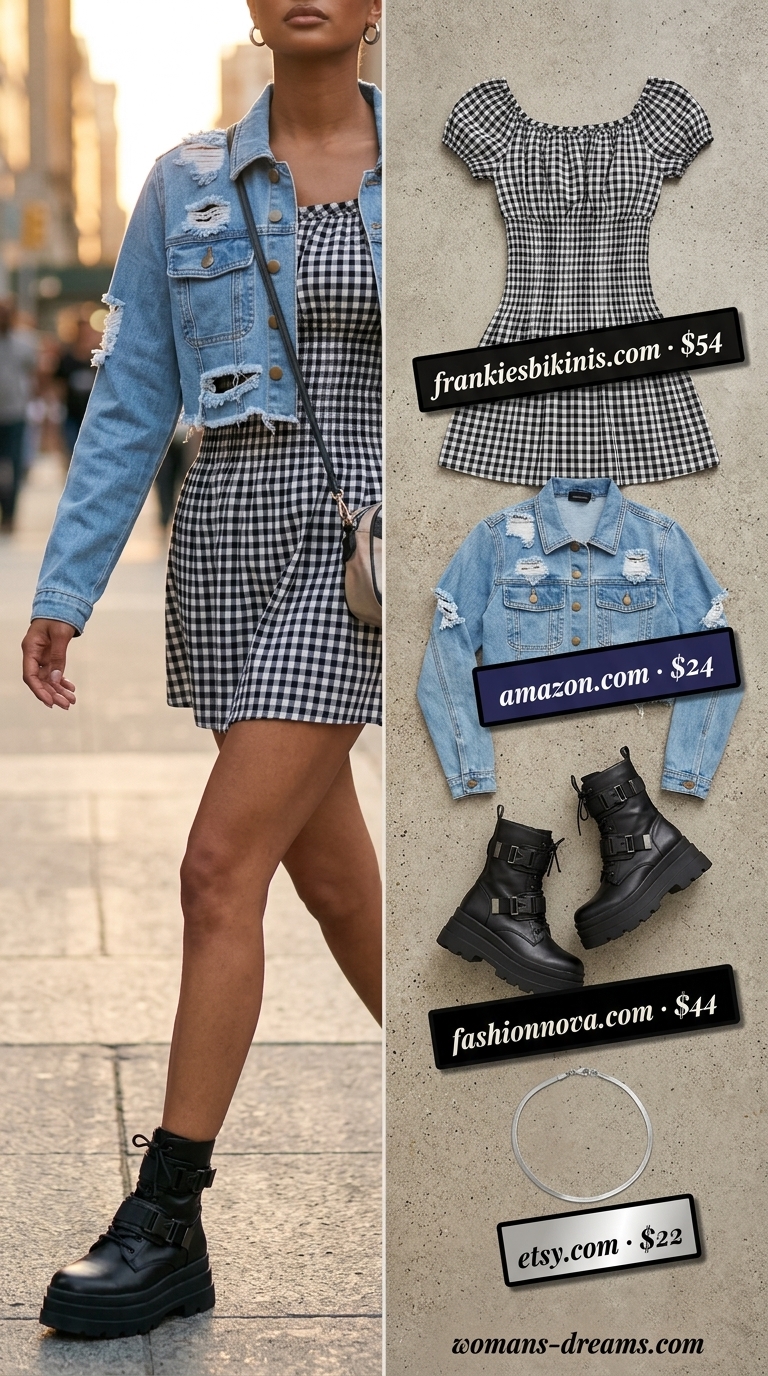 Edgy black and white gingham summer sundress 2026 with combat boots and denim jacket for urban style.