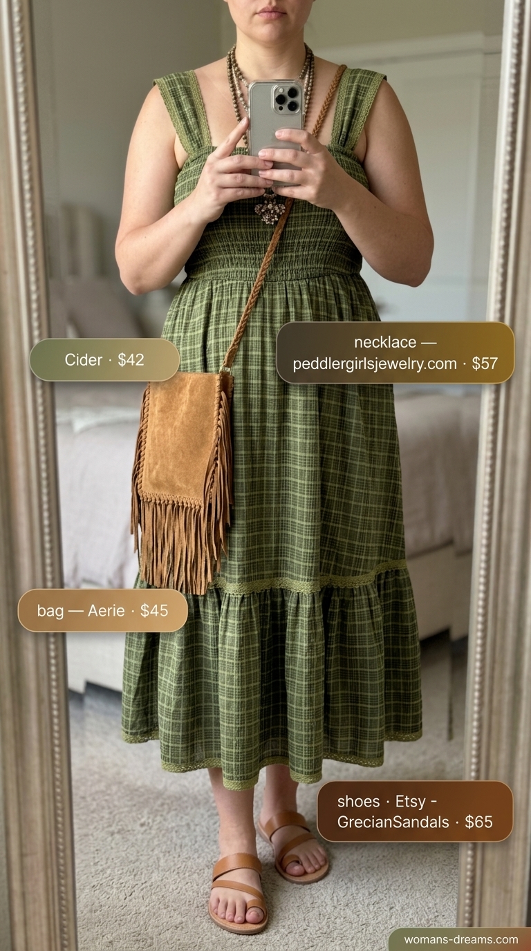 Muted green gingham maxi sundress with spaghetti straps, layered necklaces, fringe bag, and gladiator sandals.