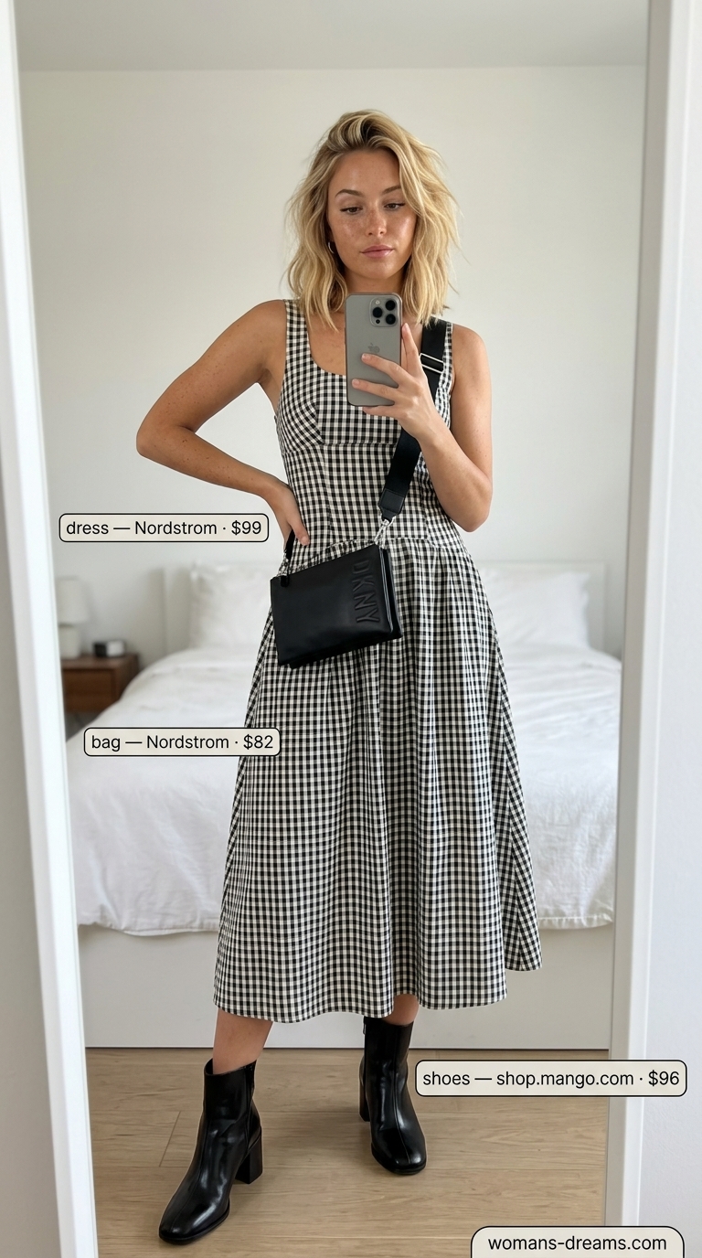 Black and white gingham midi sundress with square neckline, ankle boots, crossbody bag, and silver necklace.