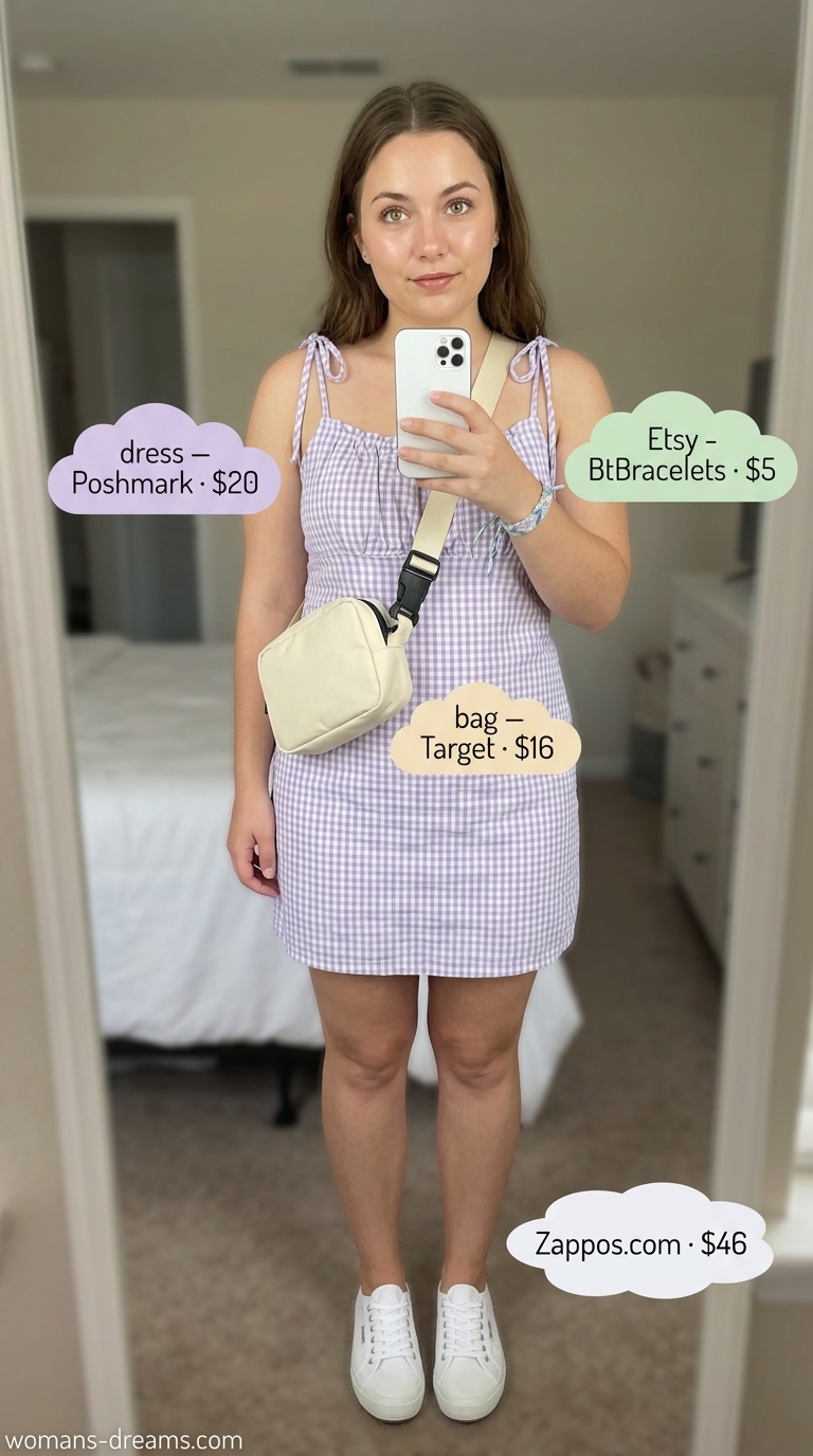 Lilac gingham mini sundress with tie straps, canvas bag, and sneakers for country fair outfits 2026.