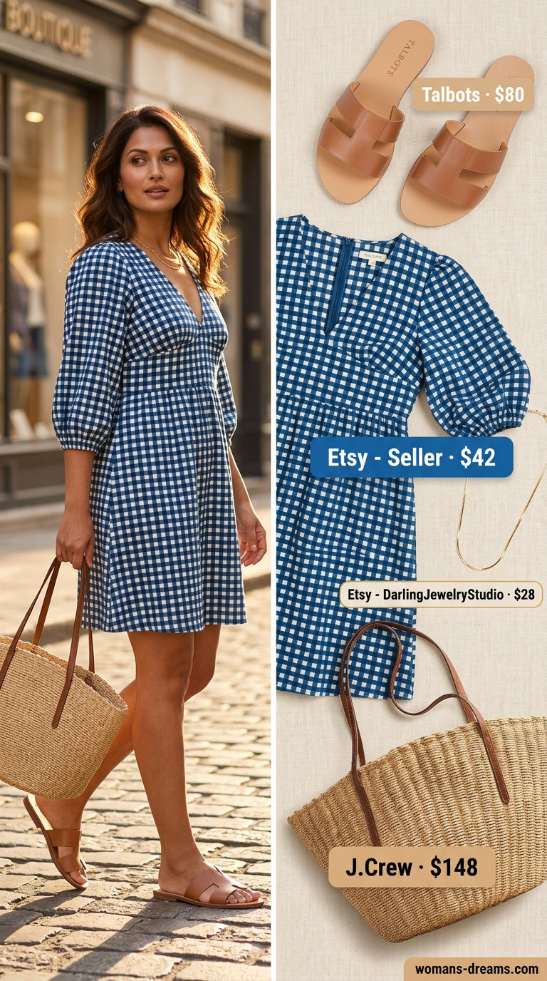 Blue and white gingham sundress with puff sleeves, straw tote, slide sandals, and gold necklace for picnics 2026.