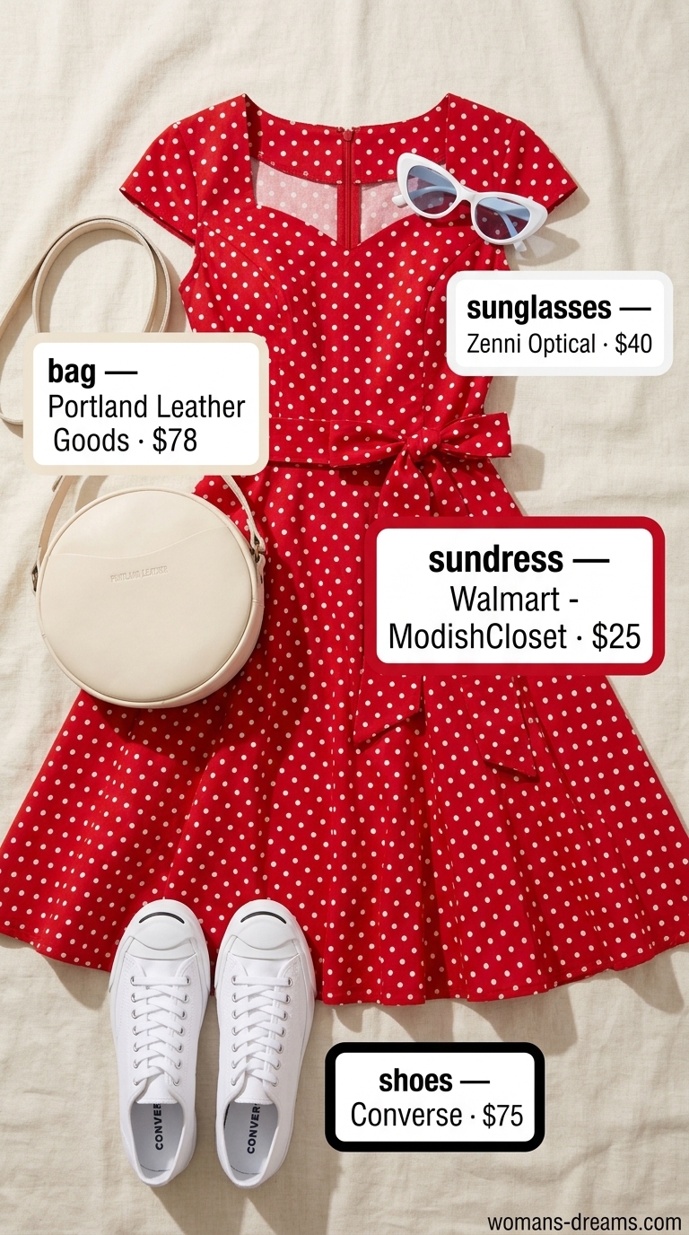 Red gingham sundress with sweetheart neckline, white sneakers, cat-eye sunglasses, and round crossbody bag for retro dates 2026.