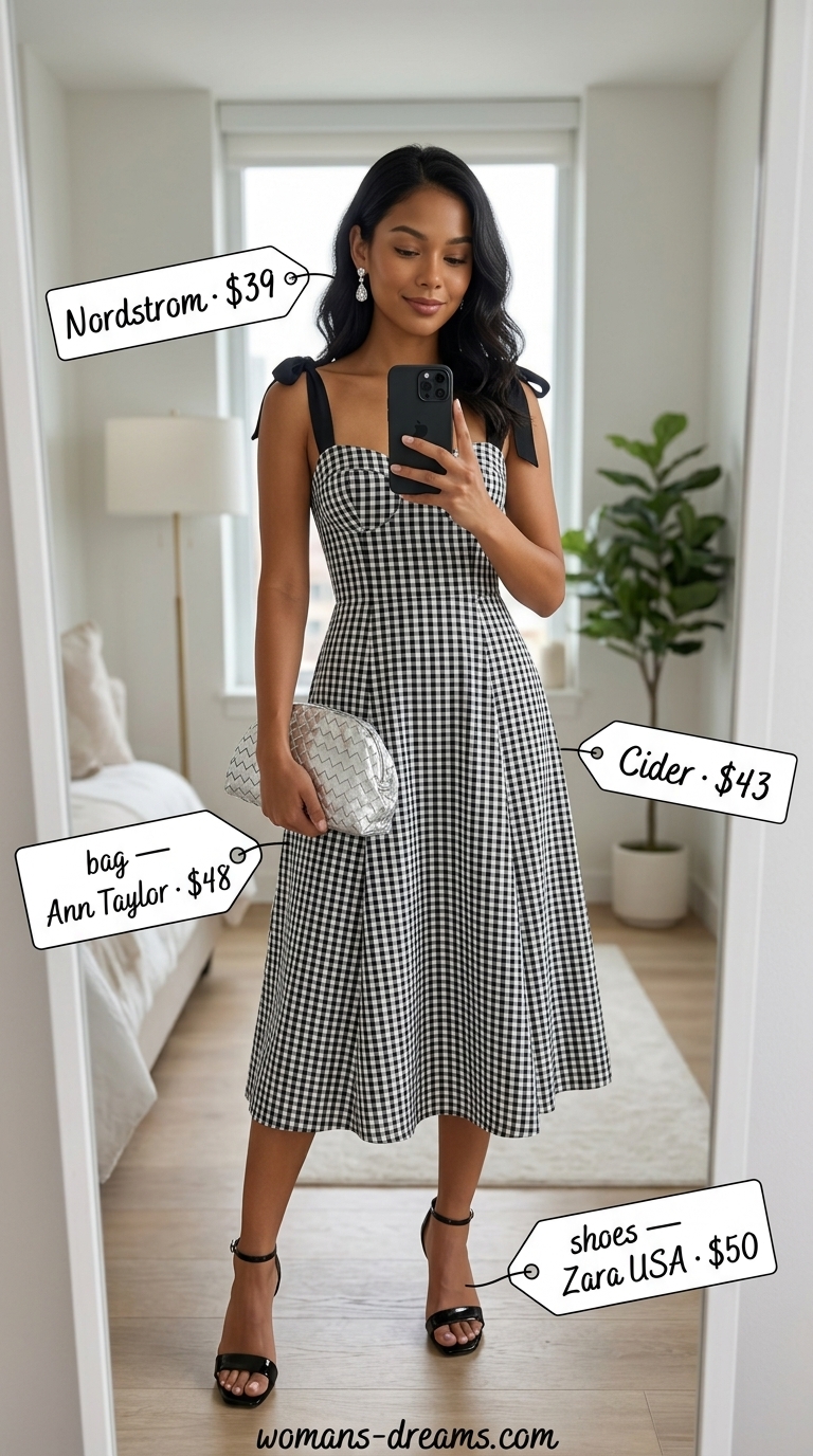 Black and white gingham sundress with cap sleeves, heeled sandals, crystal earrings, and clutch for evening parties 2026.