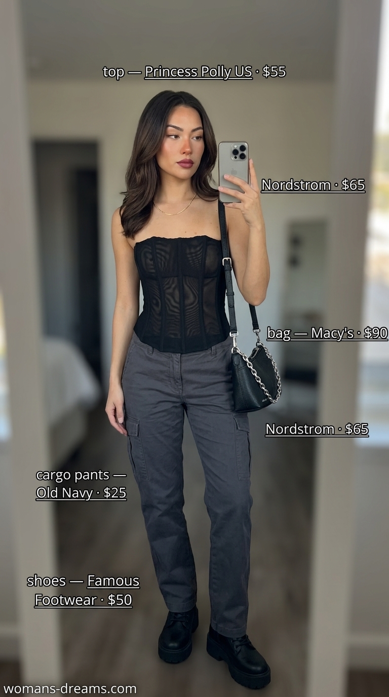 Glam summer going out outfits for women 2026: Edgy black cargo pants with corset top and platform boots.