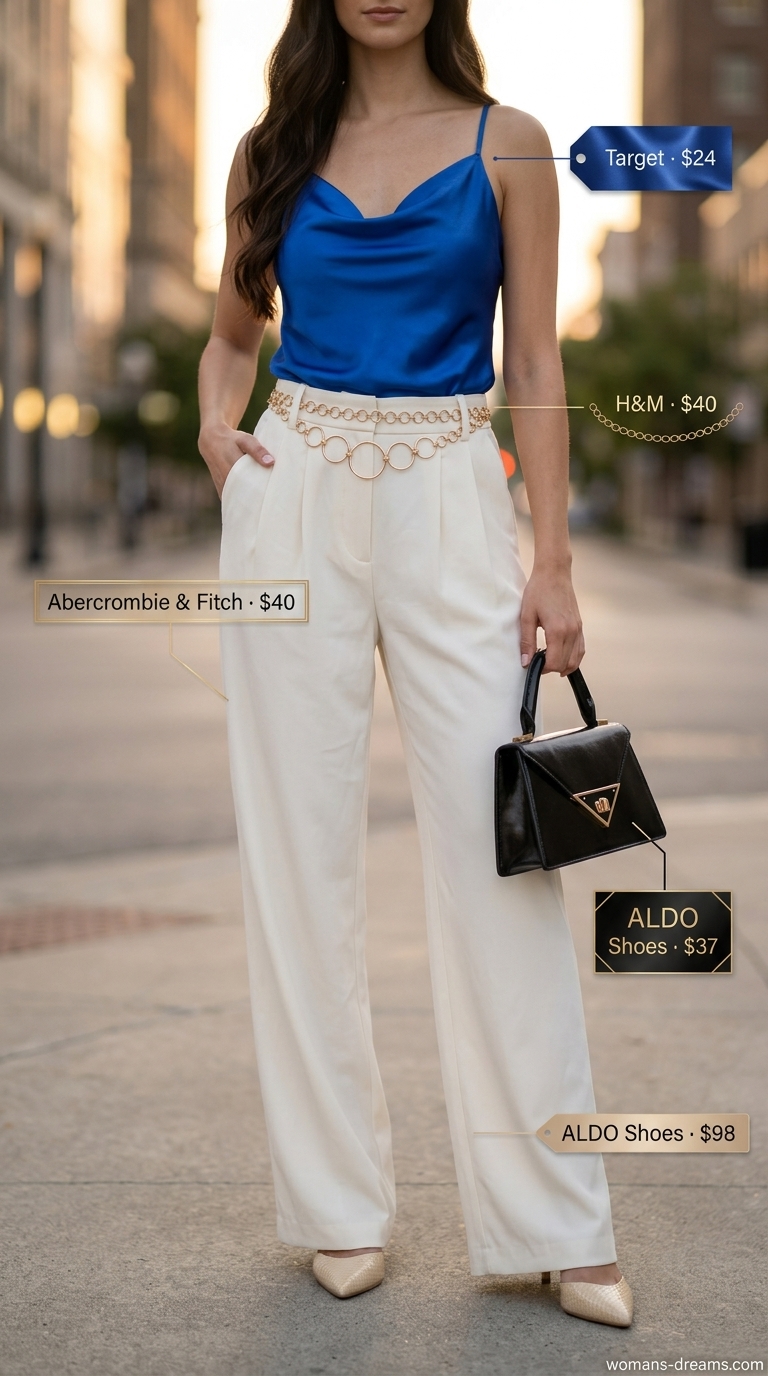 Glam summer going out outfits for women 2026: Cobalt blue satin cami with cream wide-leg trousers and gold belt.