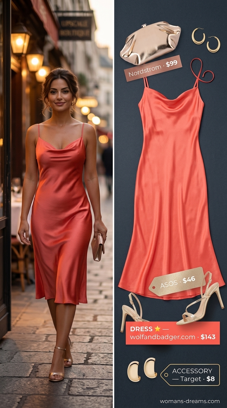 Glam summer going out outfits for women 2026: Vibrant coral slip dress with gold heels and clutch for a summer soiree.