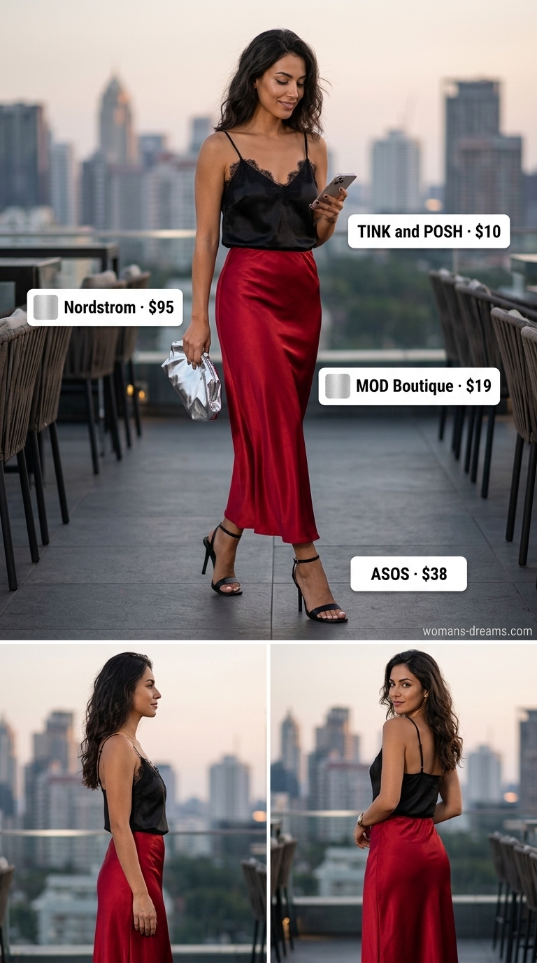 Confident glam summer going out outfits for women 2026: Crimson red pencil skirt with a black satin cami for an alluring look.