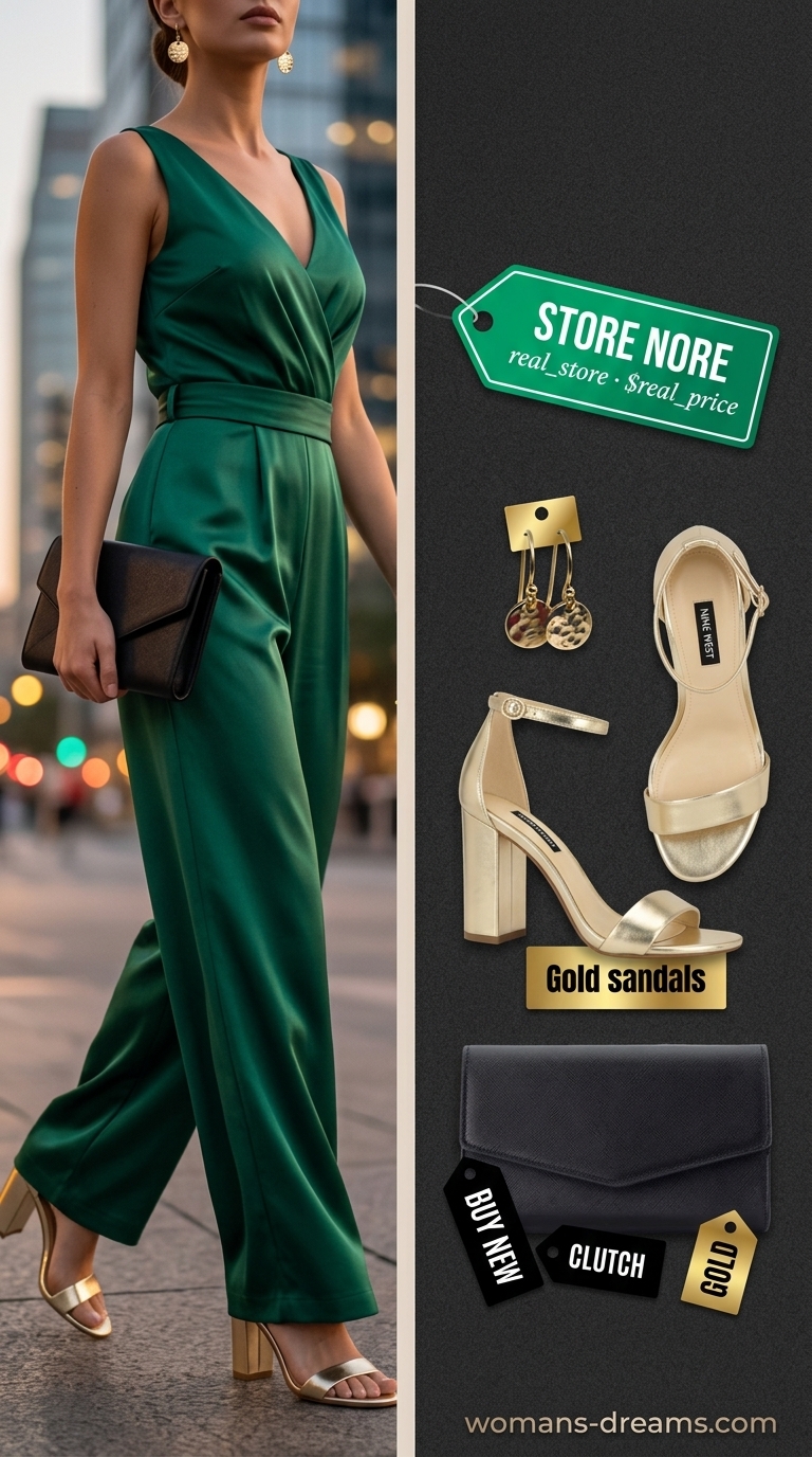 Bold glam summer going out outfits for women 2026: Emerald green jumpsuit with gold accessories for a formal event.