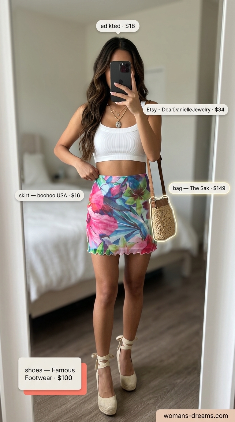 Glam summer going out outfits for women 2026: Playful floral mini skirt with white crop top and espadrille wedges.