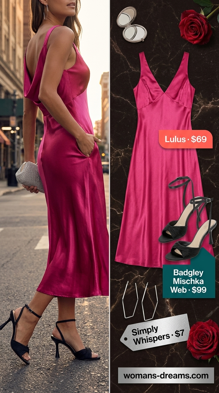 Glamorous glam summer going out outfits for women 2026: Fuchsia satin slip dress with silver accessories for a bold night out.