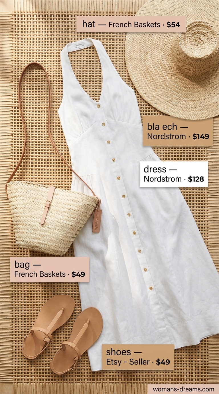Ethereal glam summer going out outfits for women 2026: White flowing maxi dress with gold accessories for resort wear.