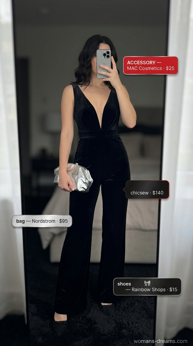 Glam summer going out outfits for women 2026: Black velvet jumpsuit with silver accessories for an elegant evening out.