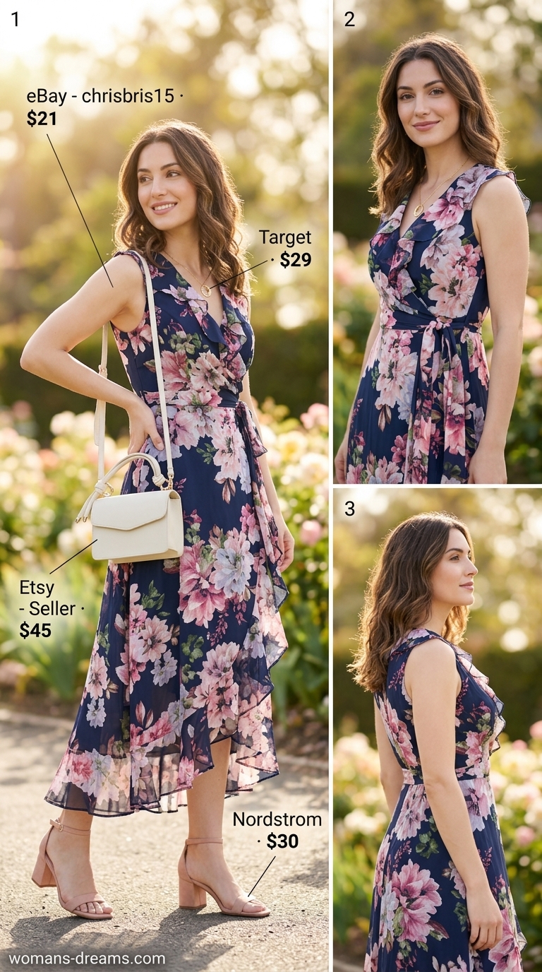 Romantic glam summer going out outfits for women 2026: Blush pink wrap dress with nude block heels for a sweet look.