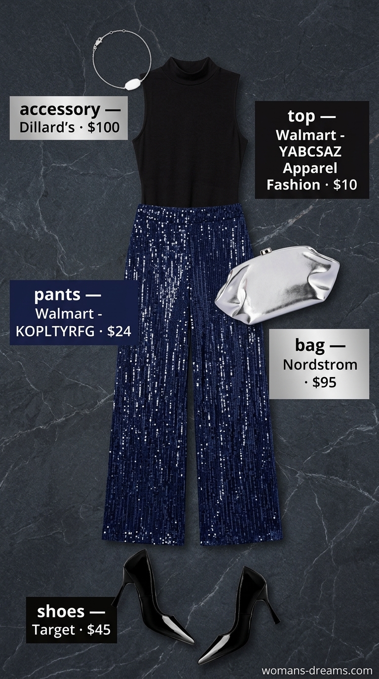 Glamorous glam summer going out outfits for women 2026: Sequin pants with a black mock neck bodysuit for a night out.