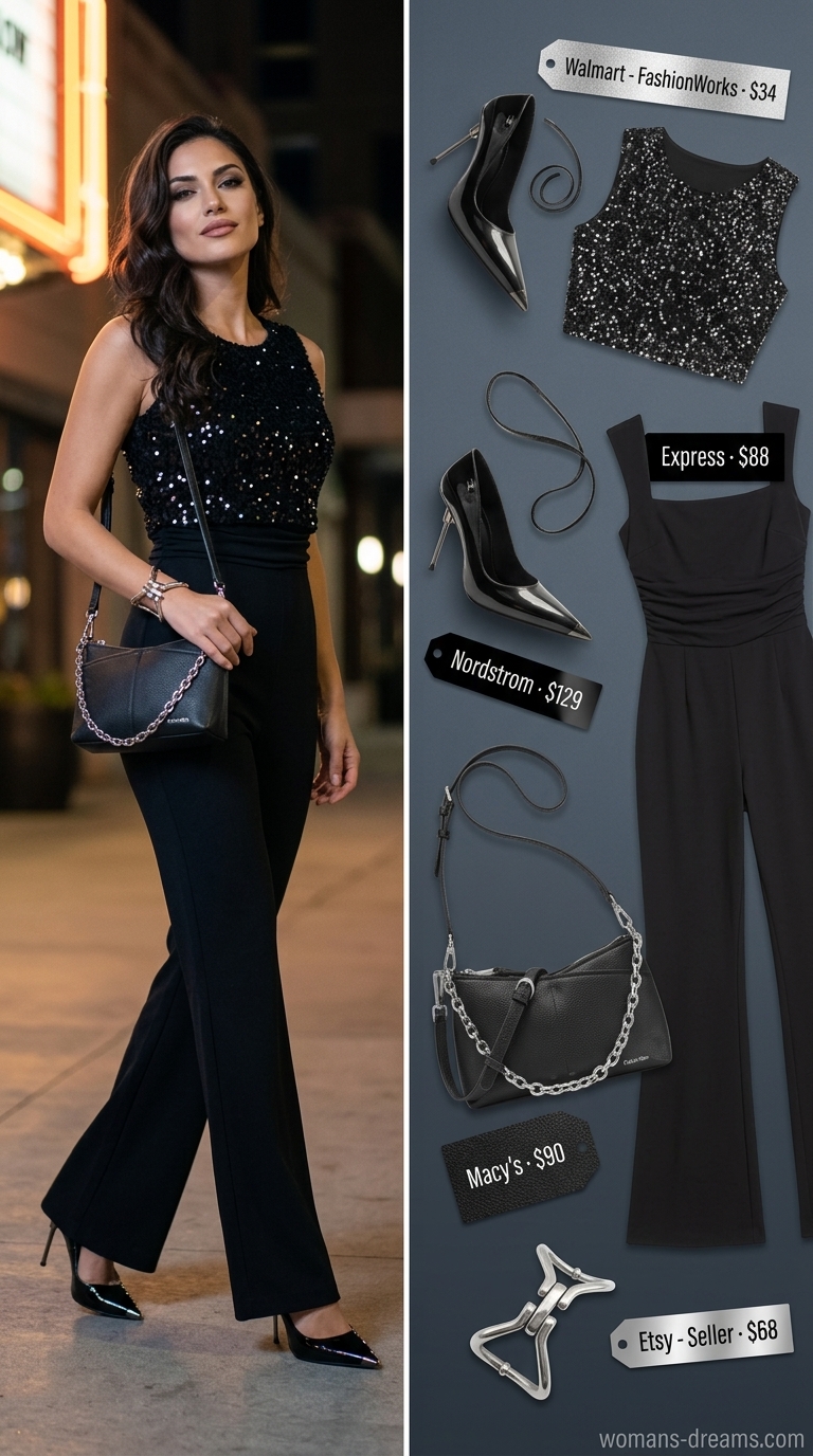 Glam summer going out outfits for women 2026: Black sequin crop top with black jumpsuit, heels, and silver accessories.