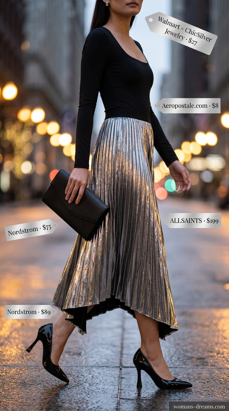 Glam summer going out outfits for women 2026: Silver metallic midi skirt with black bodysuit and pointed-toe pumps.