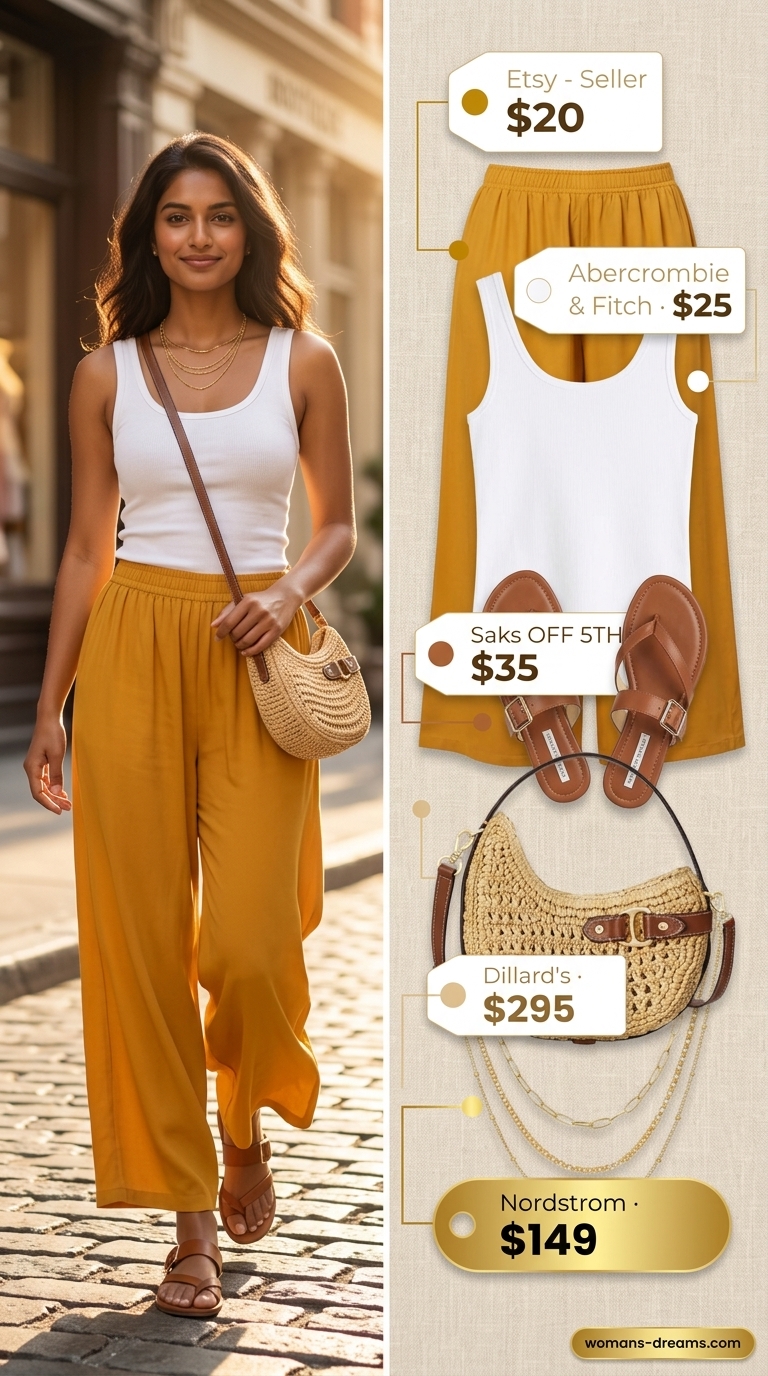 Effortless glam summer going out outfits for women 2026: Mustard yellow wide-leg pants with a white tank top for a chic look.