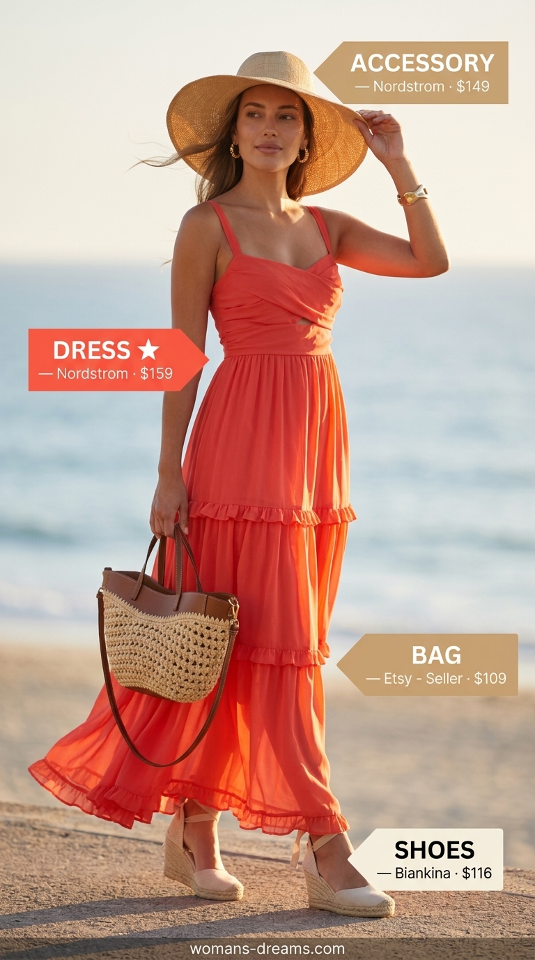 Bohemian coral maxi dress for glam summer going out outfits 2026. Relaxed romantic resort wear.