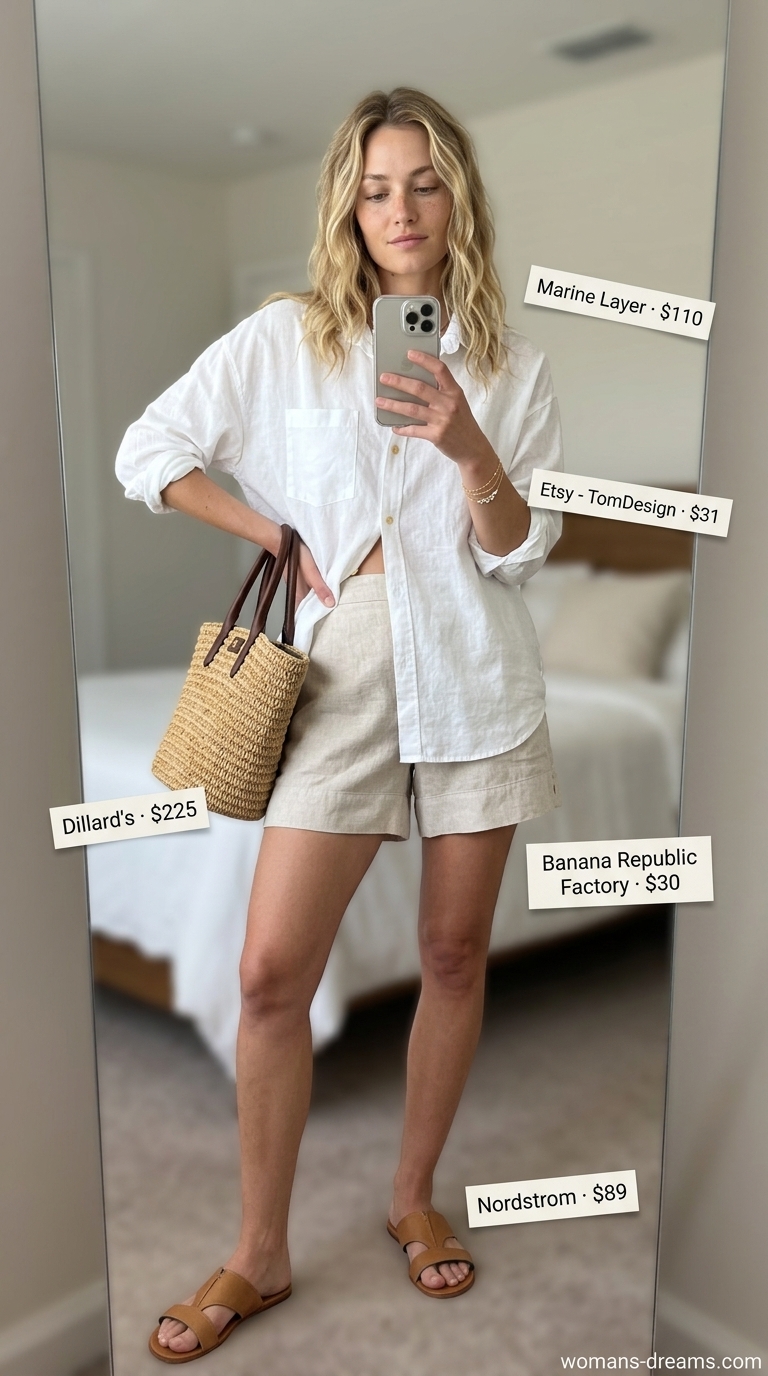Casual coral linen shorts outfit for glam summer going out outfits 2026. Beachy vibe.