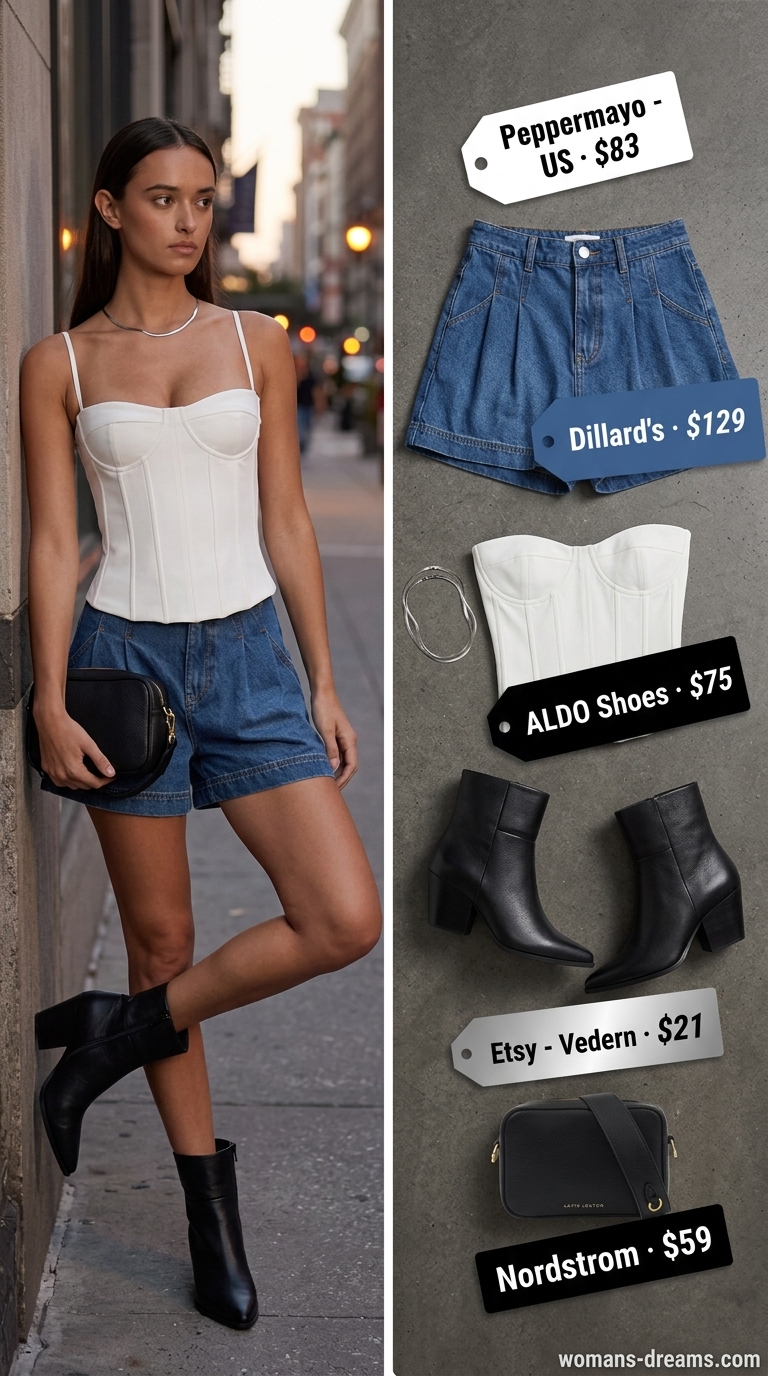 Trendy mid-wash denim shorts outfit for glam summer going out outfits 2026. Edgy concert style.