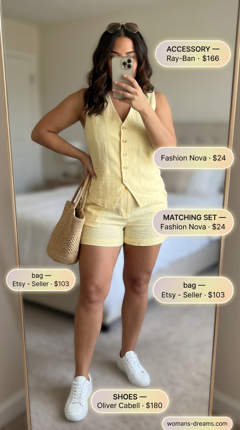 Fresh lemon yellow linen set for glam summer going out outfits 2026. Casual chic daytime look.