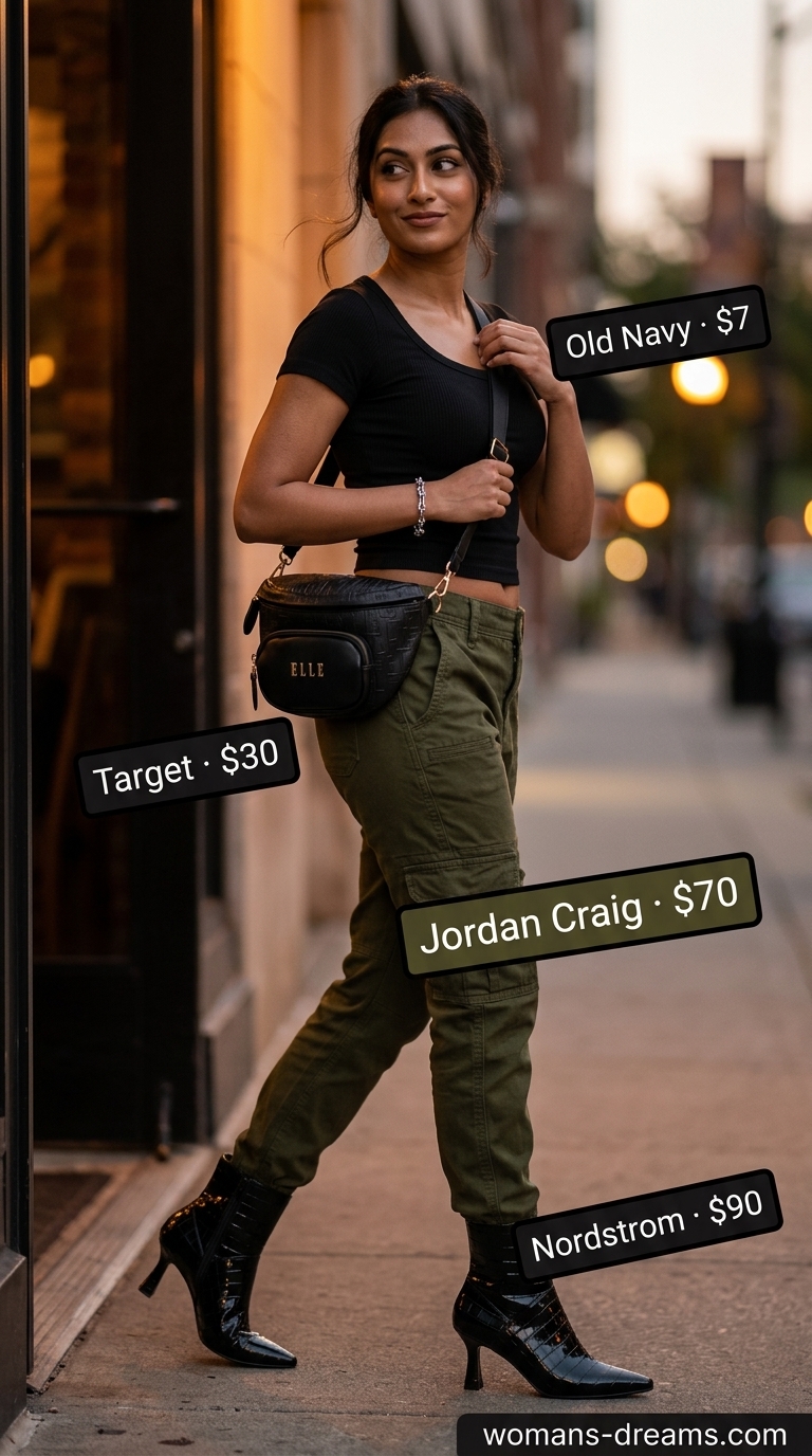 Trendy olive green cargo pants outfit for glam summer going out outfits 2026. Casual edgy style.