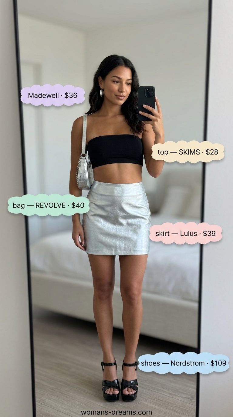 Futuristic silver metallic mini skirt outfit for glam summer going out outfits 2026. Edgy clubwear.