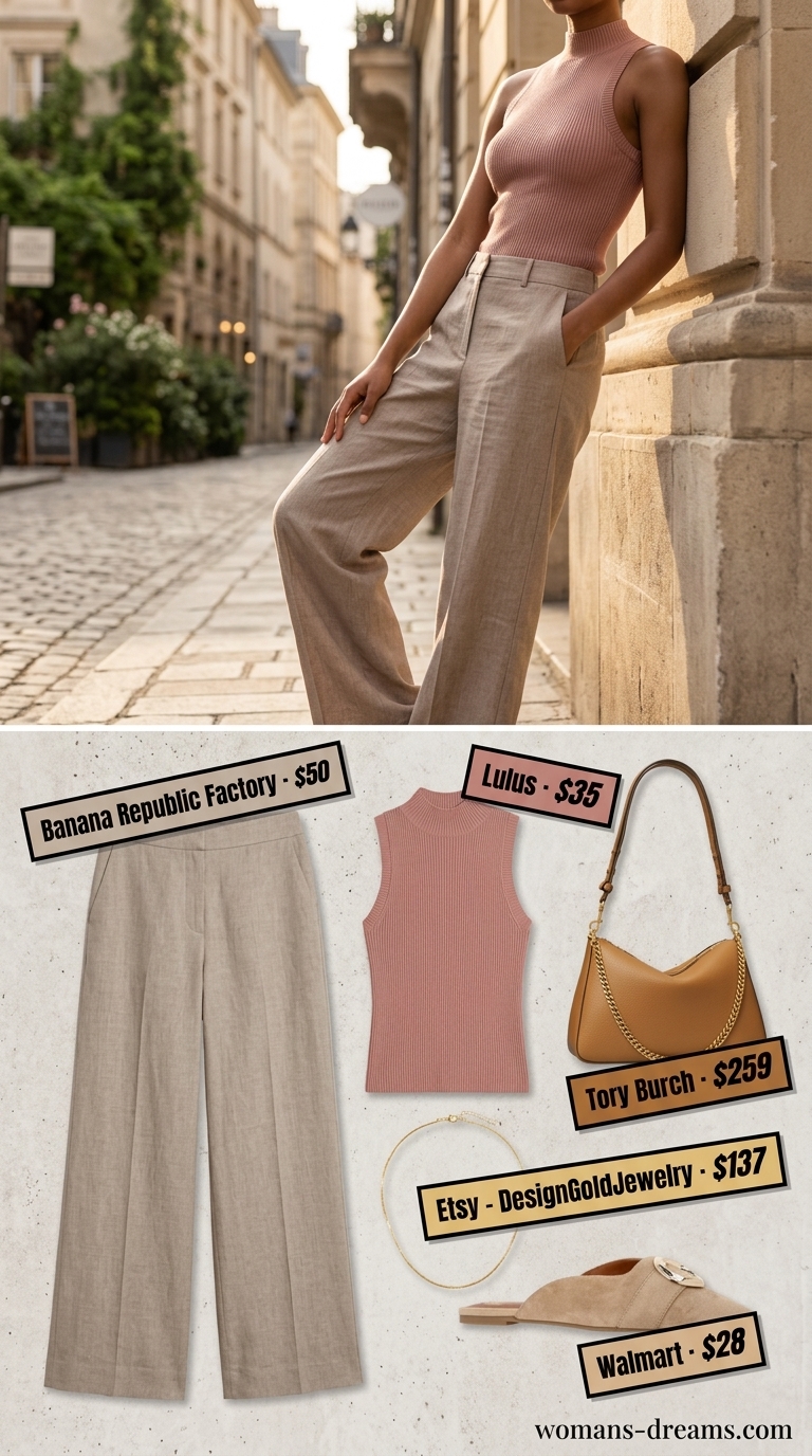 Chic taupe linen wide-leg trousers for glam summer going out outfits 2026. Sophisticated evening look.