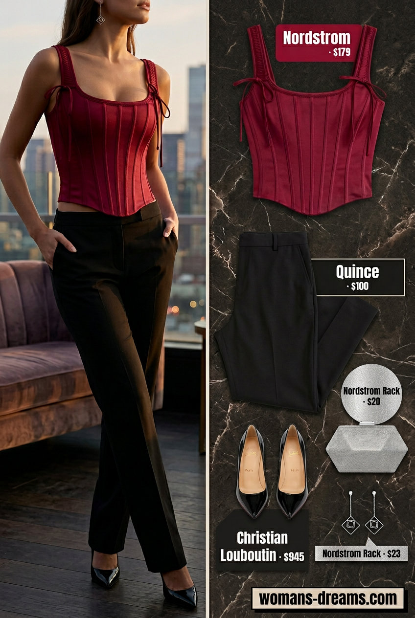 Glam summer night out outfits for women 2026: Crimson corset top, black tailored trousers, and silver heels.