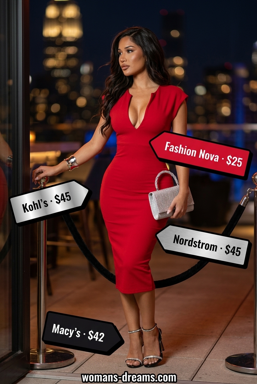 Glam summer night out outfits for women 2026: Crimson red bodycon cut-out dress with silver clutch and heels.