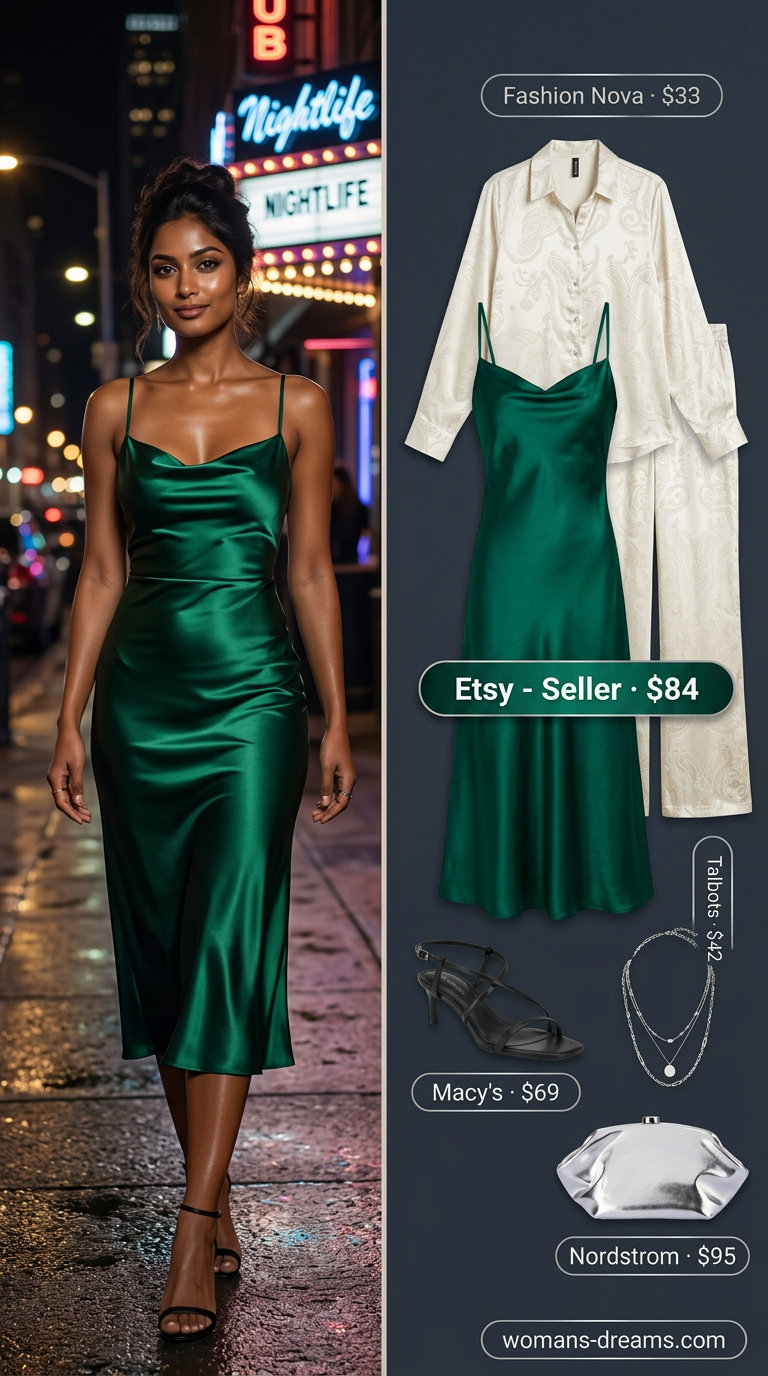 Glam summer night out outfits for women 2026: Emerald satin midi slip dress, silver strappy heels, and a metallic clutch.