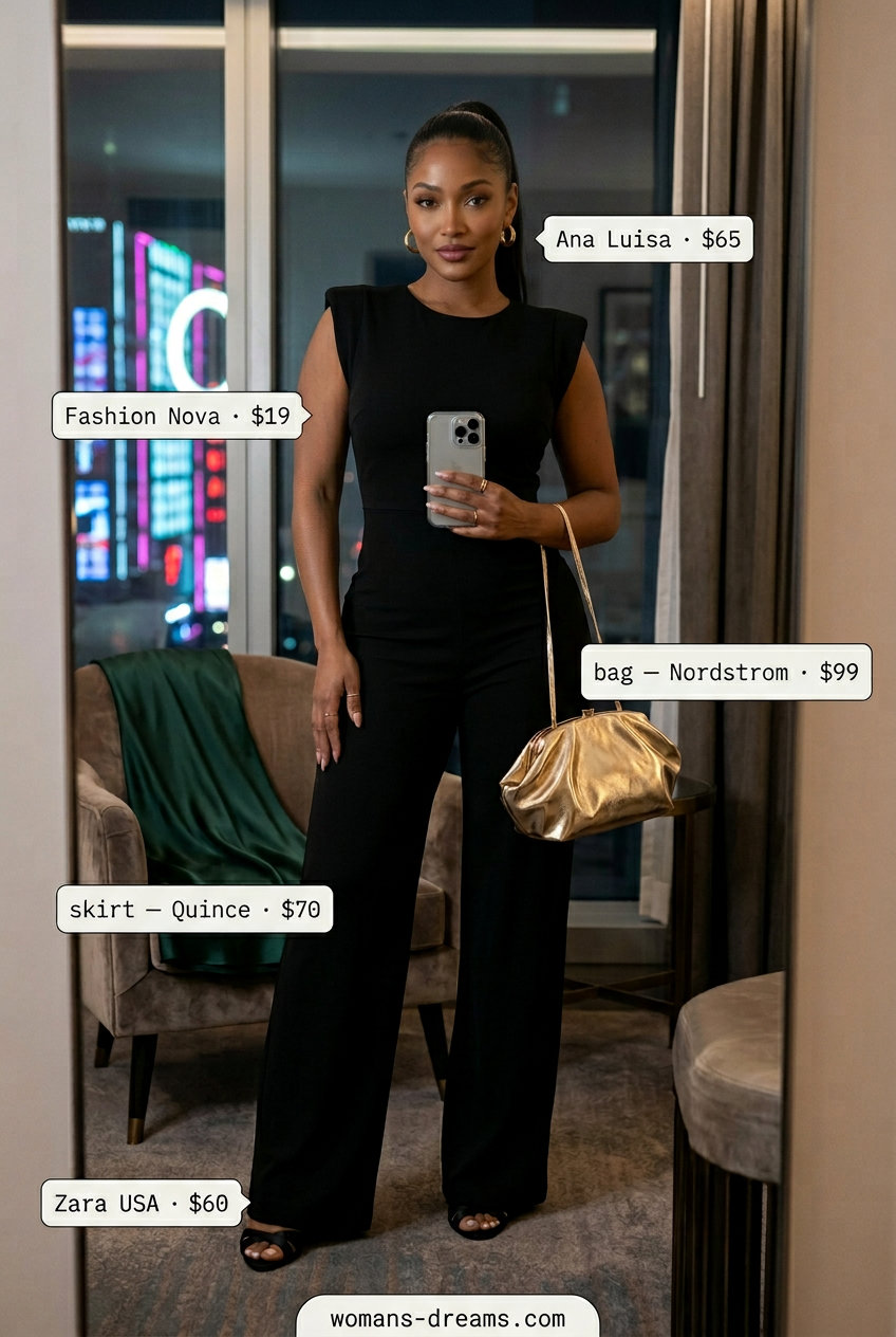 Glam summer night out outfits for women 2026: Emerald green satin midi skirt with black lace camisole and gold accents.