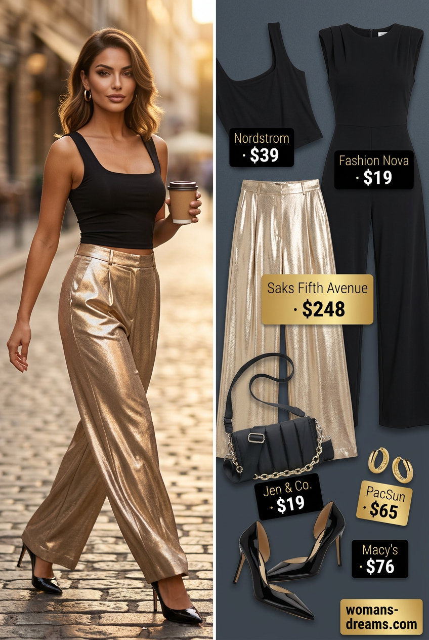 Glam summer night out outfits for women 2026: Gold palazzo pants with black crop top and stiletto heels.