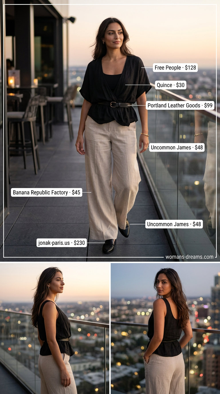 Glam summer night out outfits for women 2026: Beige linen pants, black bodysuit, and gold cuff bracelet.