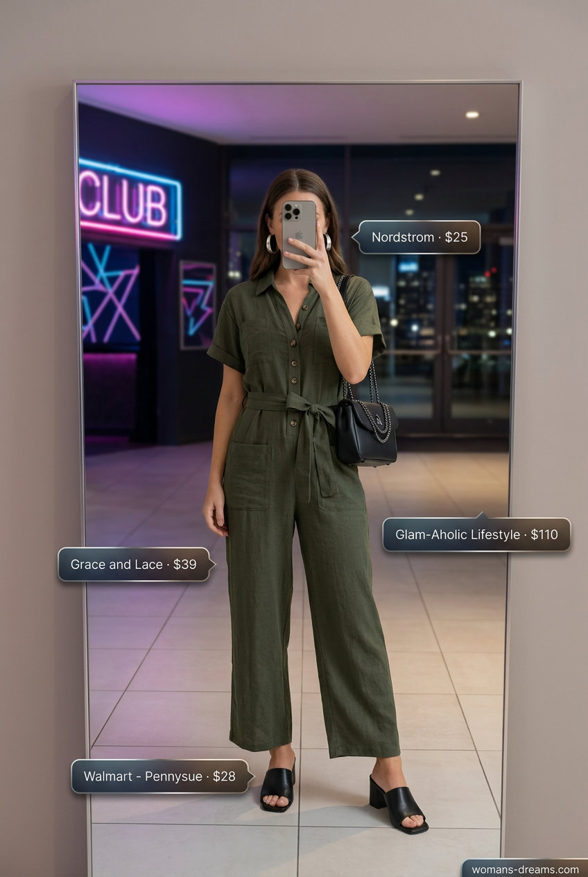 Glam summer night out outfits for women 2026: Dark olive utility jumpsuit with silver earrings and block heels.