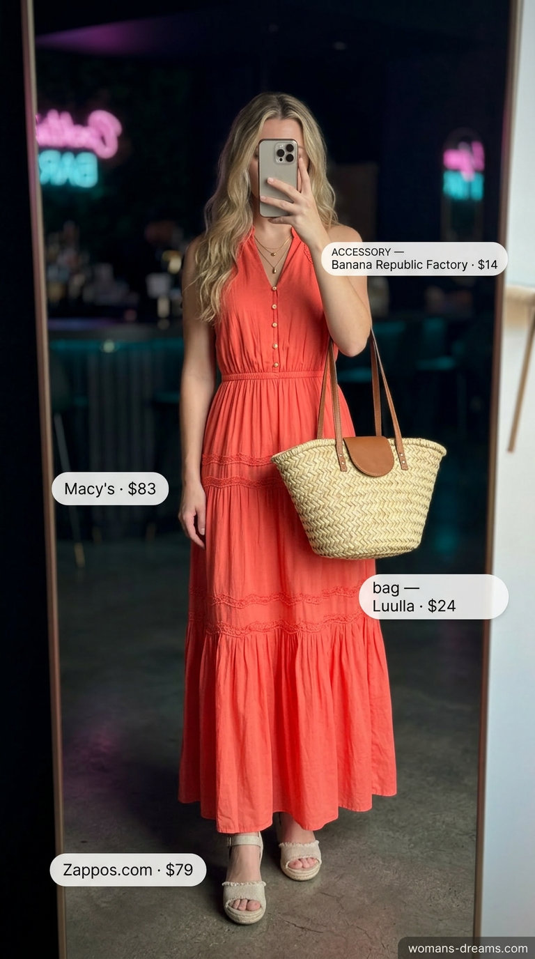 Effortless glam summer night out outfit: Coral maxi dress with gold necklaces and espadrille wedges.