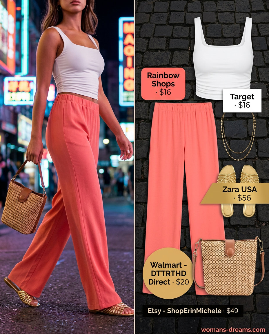 Vibrant coral wide-leg pants for glam summer nights out 2026, with white crop top and gold jewelry.