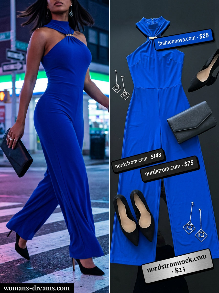 Glam summer night out outfit: Electric blue sleeveless wide-leg jumpsuit with silver earrings and black clutch.