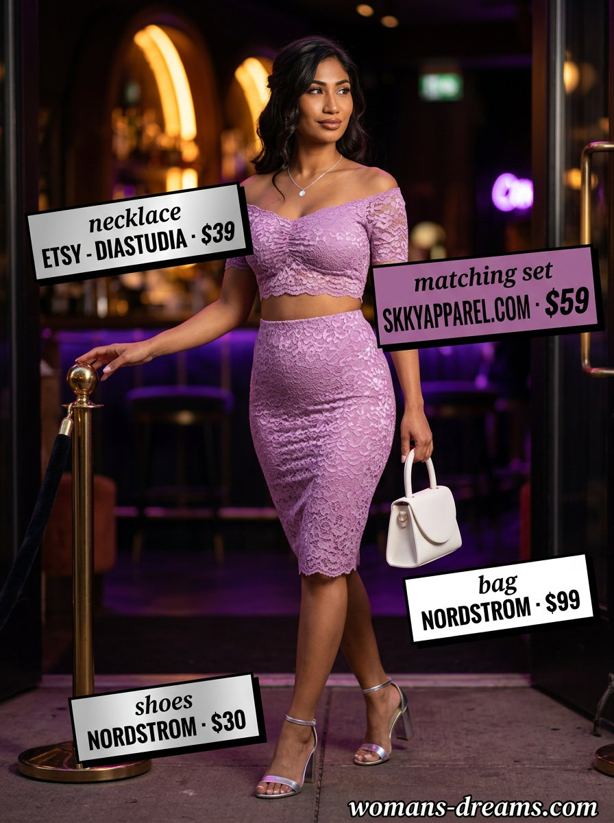 Romantic lilac lace set for glam summer nights out 2026, with silver necklace and nude heeled sandals.