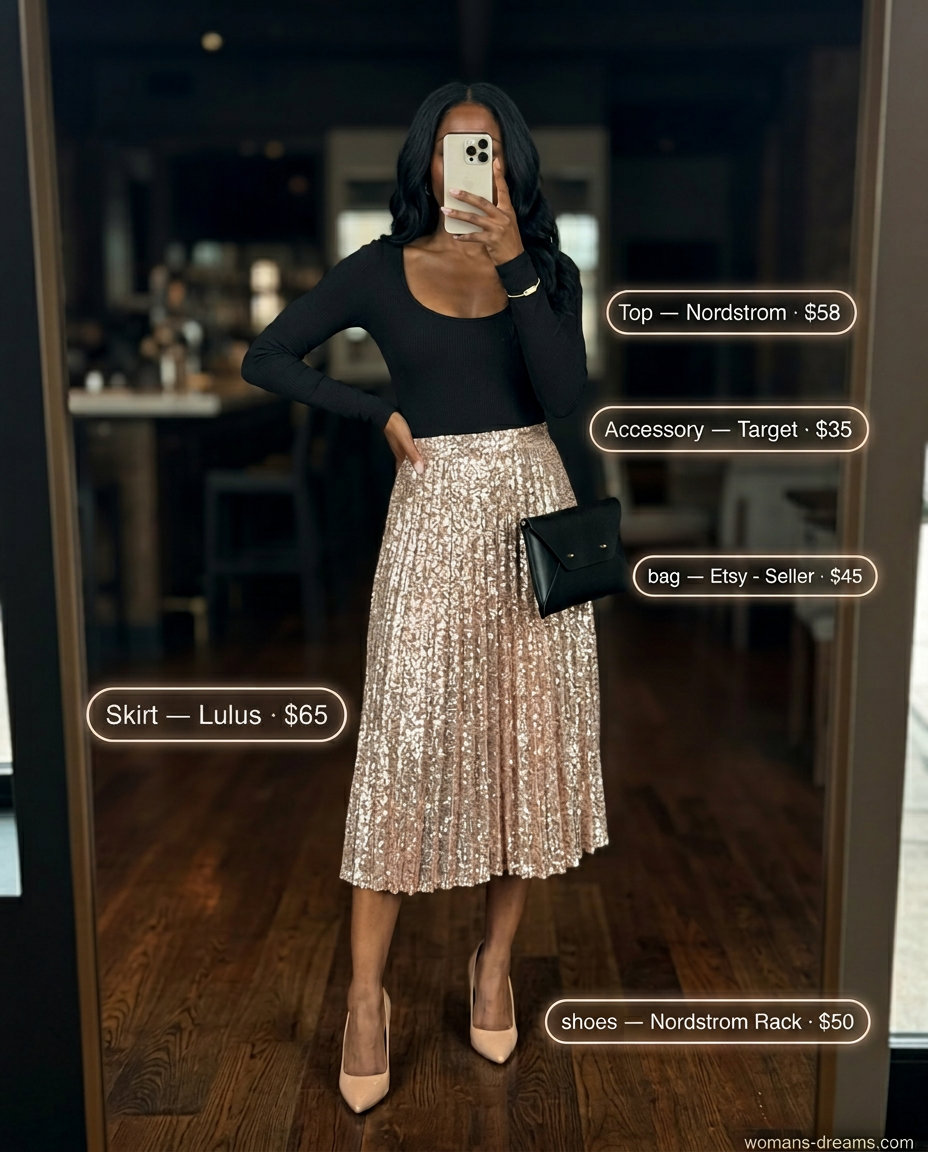 Chic metallic rose gold midi skirt for glam summer nights out 2026, with black bodysuit and nude heels.