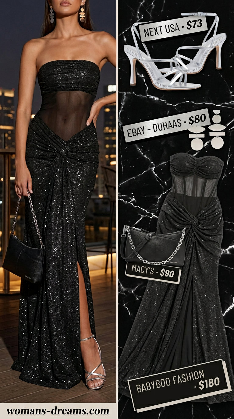 Daring black sequin maxi dress for glam summer nights out 2026, with silver sandals and statement earrings.