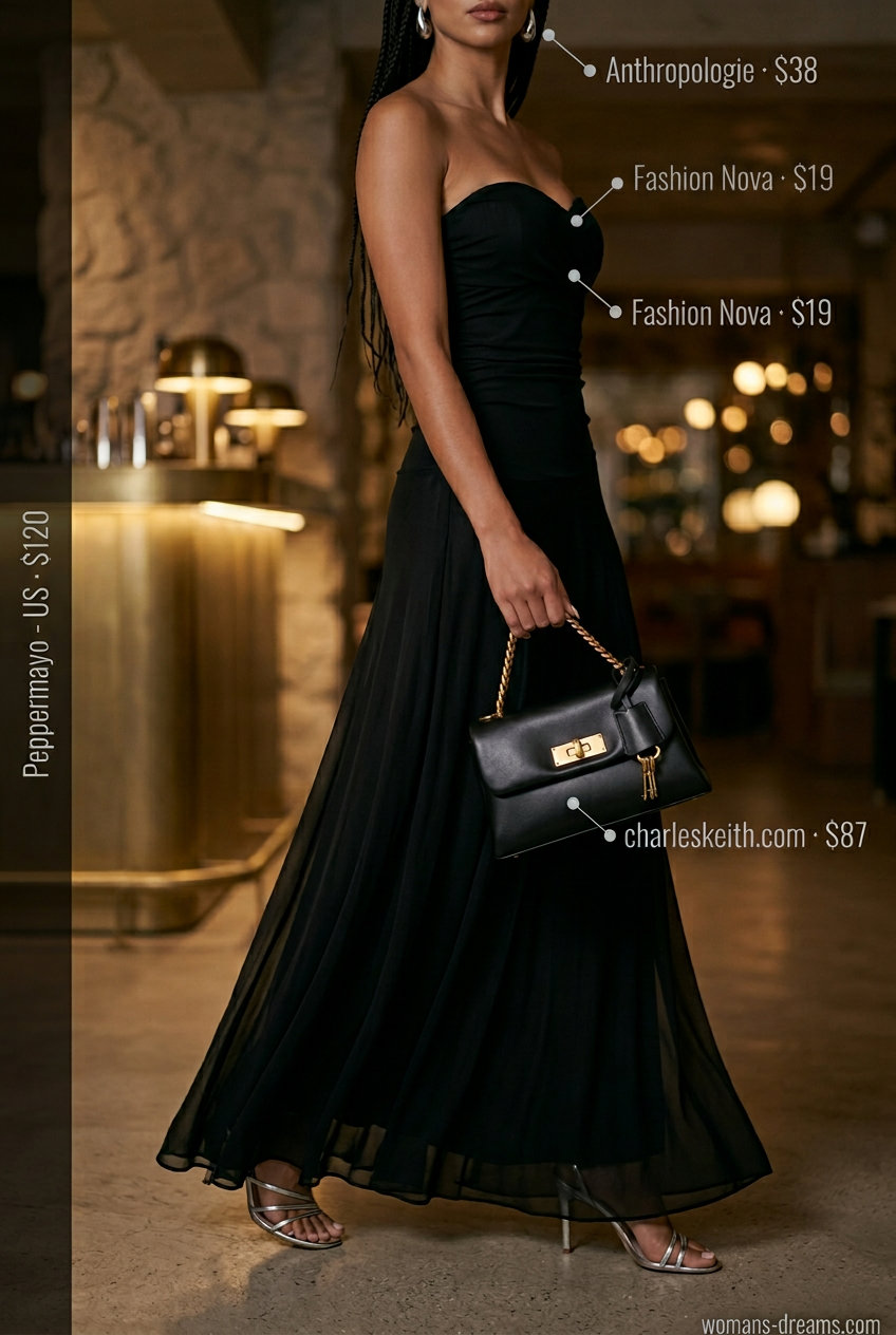 Elegant sheer overlay maxi dress for glam summer nights out 2026, with silver sandals and drop earrings.