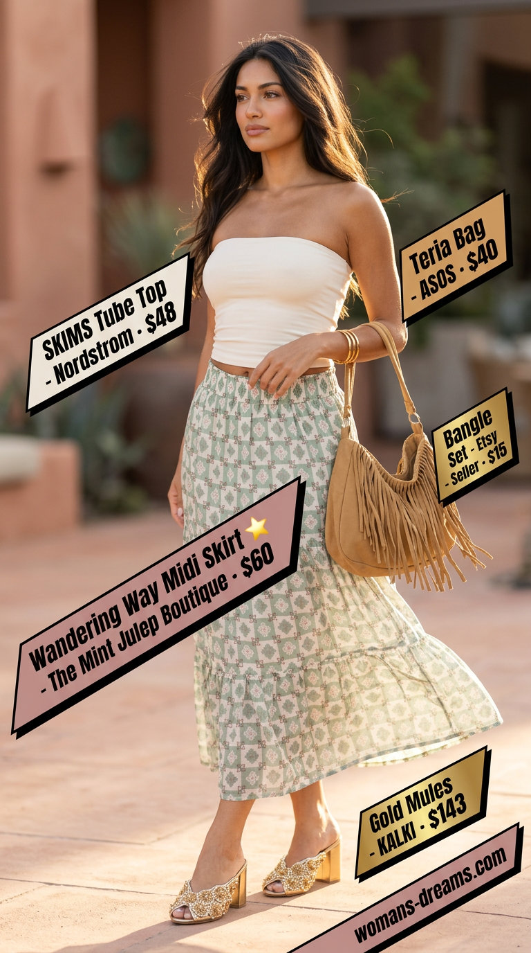 Knit summer tube top outfits 2026: Cream tube top with olive green floral maxi skirt, fringe bag.