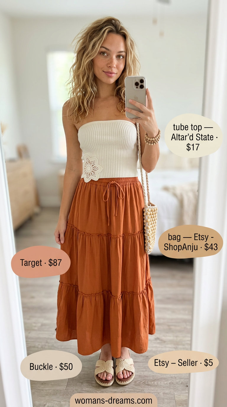 Bohemian knit summer tube top outfits 2026: Ecru crochet tube top with a tiered maxi skirt for a boho beach vibe.