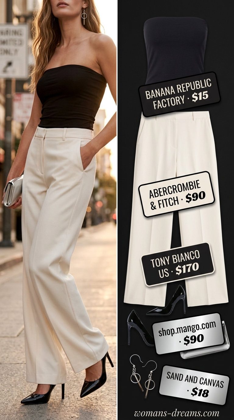 Knit summer tube top outfits 2026: Black tube top, white trousers for chic city evening style.