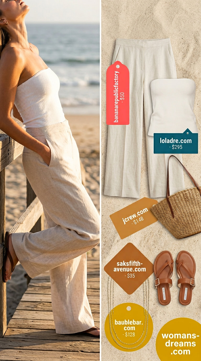 Knit summer tube top outfits 2026: Cream tube top with natural linen pants, straw tote.