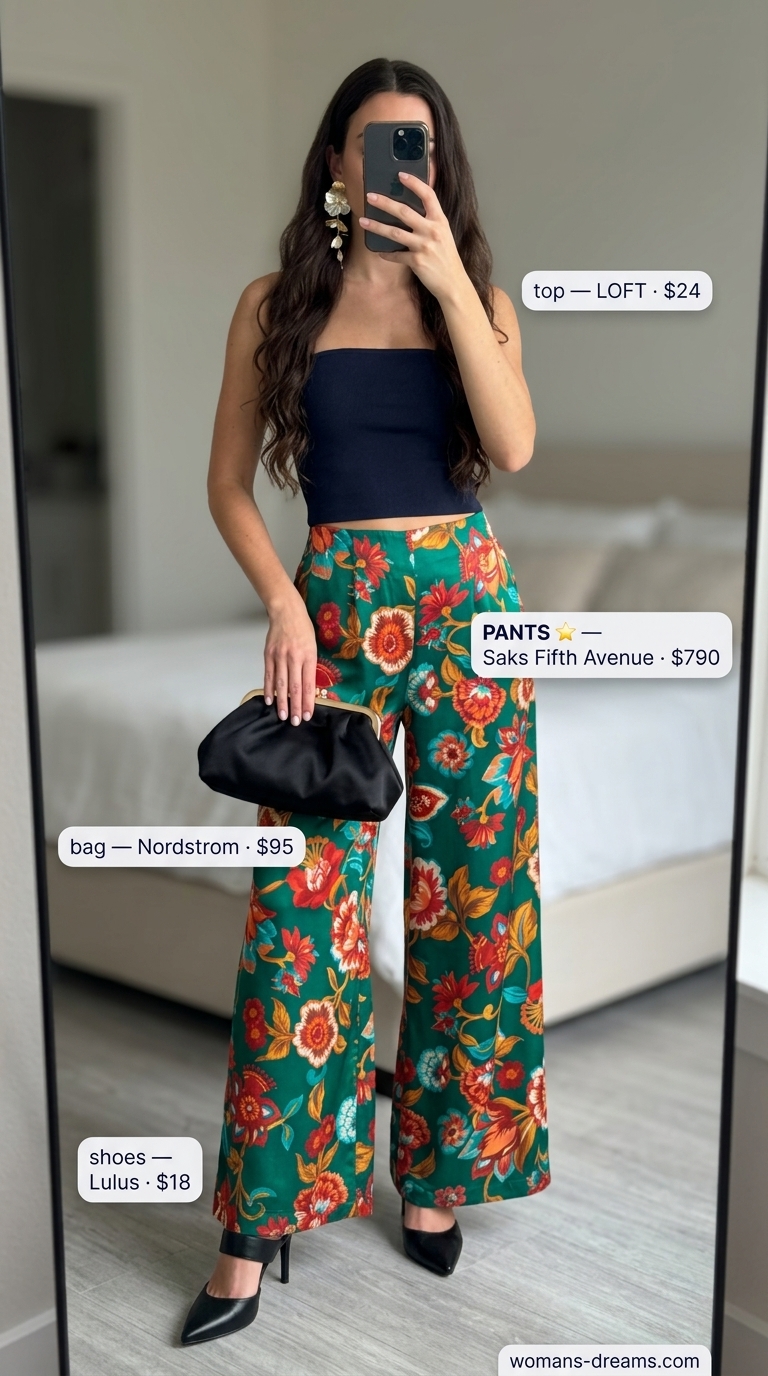 Elegant knit summer tube top outfits 2026: Black tube top with emerald green palazzo pants for a sophisticated evening look.