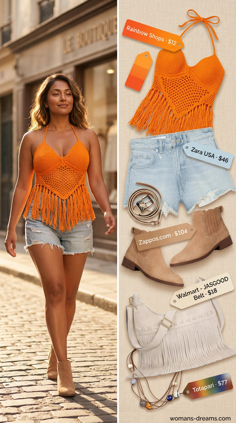 Boho knit summer tube top outfits 2026: Rust orange fringe tube top with denim shorts for a festival look.