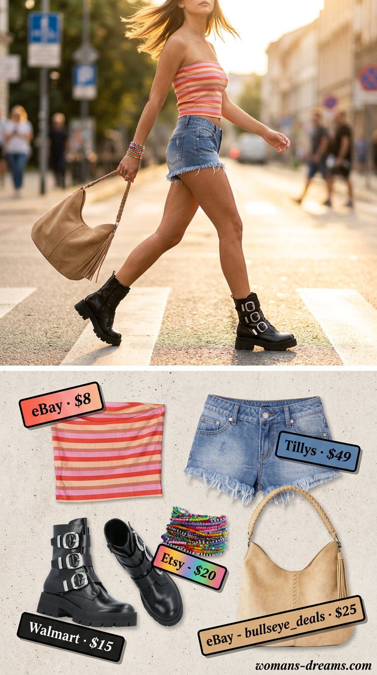 Knit summer tube top outfits 2026: Multicolor striped tube top, distressed denim shorts for playful festival vibes.