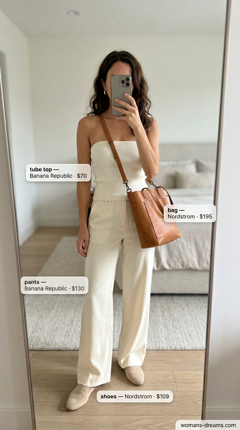 Knit summer tube top outfits 2026: Cream tube top with beige wide-leg trousers, mules.